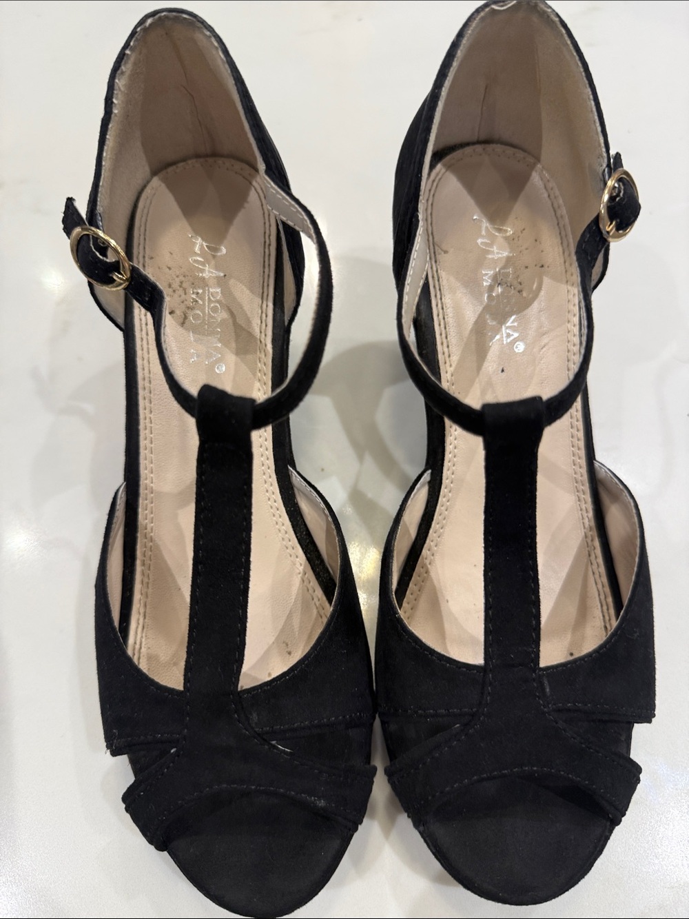 Black T-Strap Open-Toe Heels with Ankle Buckle - Women